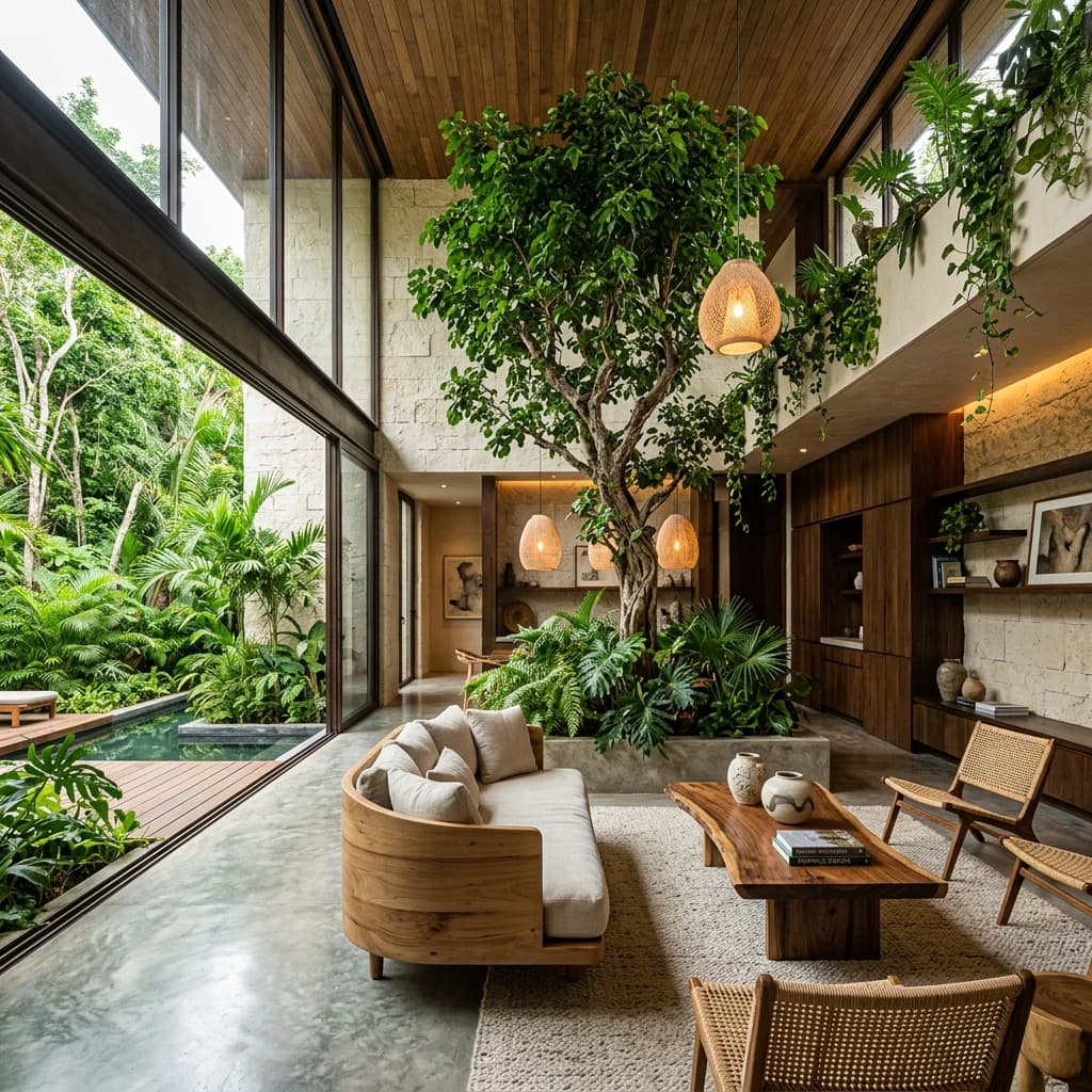 Lush, vibrant, minimalist modern architectural space