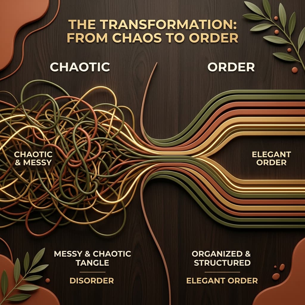 Diagram showing messy signal flow transforming into organized structure